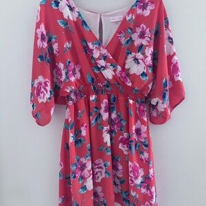 Pink Lily  size medium Pink Floral  Dress bat sleeve elastic waist